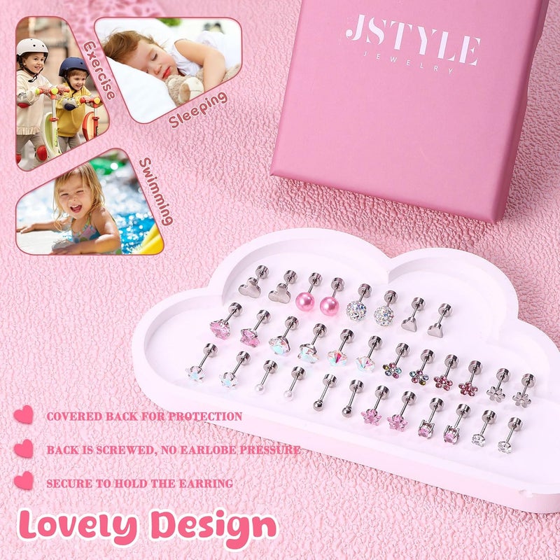 Jstyle 16 Pairs Hypoallergenic Earrings For Girls Women Surgical Steel Screwback Earrings for Sensitive Ears Cute Todder Earrings Kid Earrings Flat Back Stud Earrings - Image 5